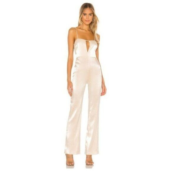 NBD Pants - NBD Nicole Neutral Tan Metallic Wide Leg Sleeveless Keyhole Jumpsuit Large